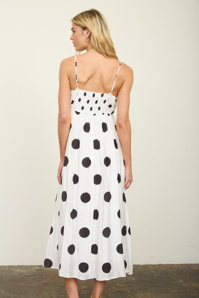 strikingly cute polka dot empire waist midi dress | black + white