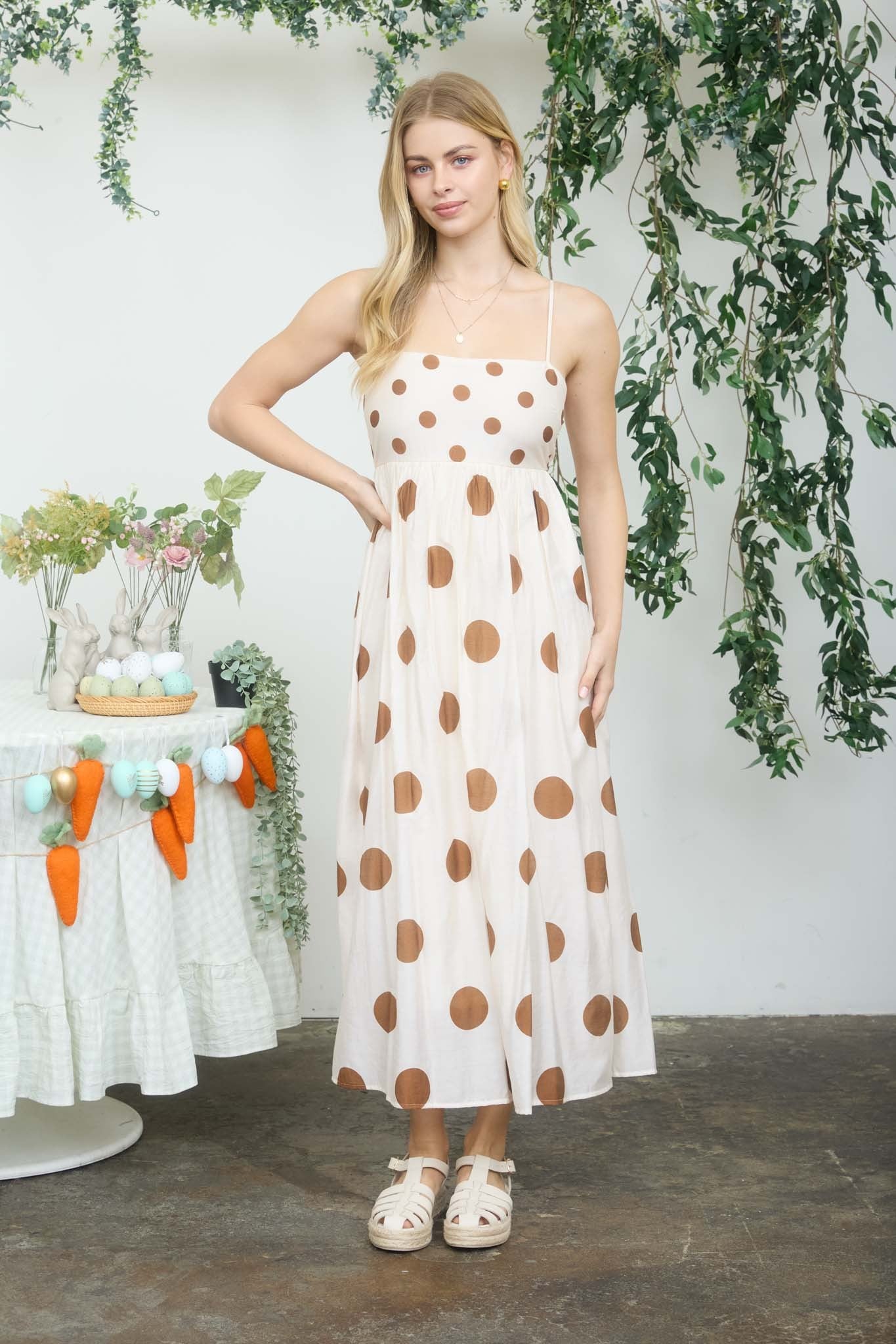 strikingly cute polka dot empire waist midi dress | brown Me & Maude strikingly cute polka dot empire waist midi dress | brown Me & Maude