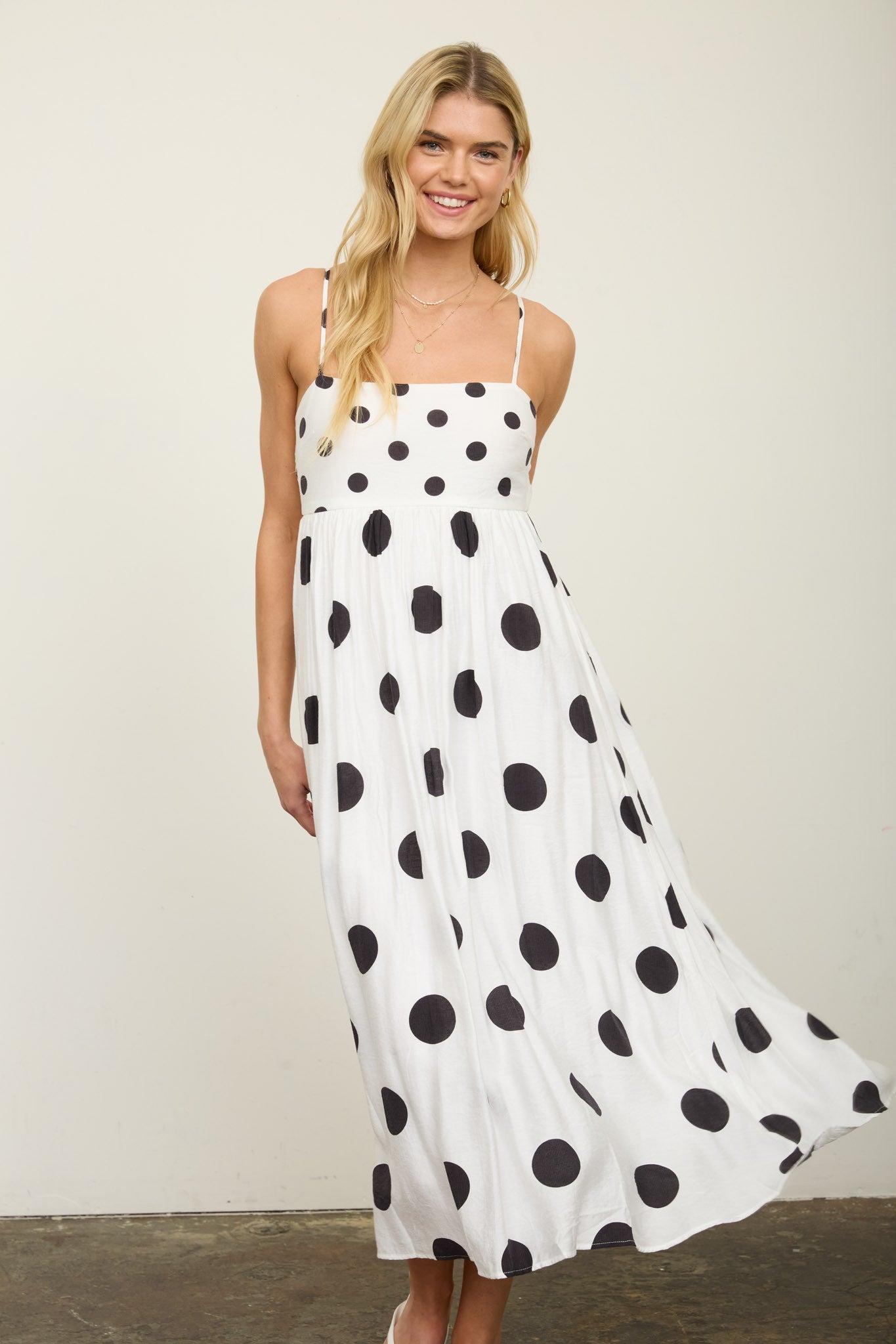 strikingly cute polka dot empire waist midi dress | black + white strikingly cute polka dot empire waist midi dress | black + white
