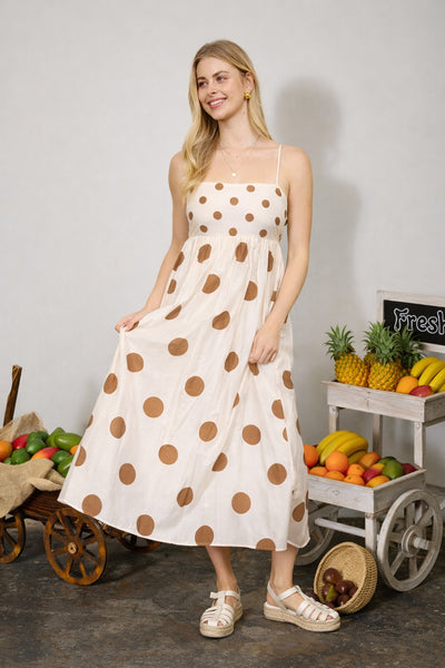 strikingly cute polka dot empire waist midi dress | brown