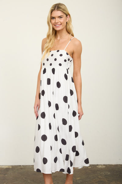 strikingly cute polka dot empire waist midi dress | black + white