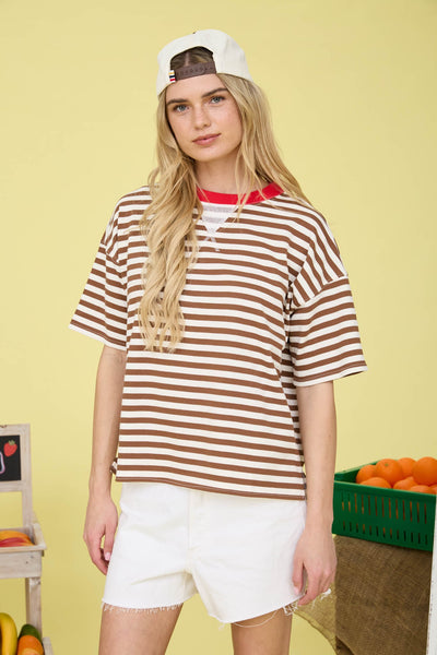 one more reason striped colorblock knit top | brown