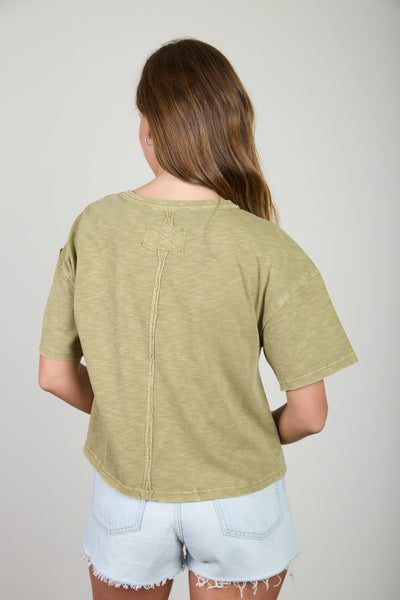 zip through the day exposed seam knit crop top | light olive