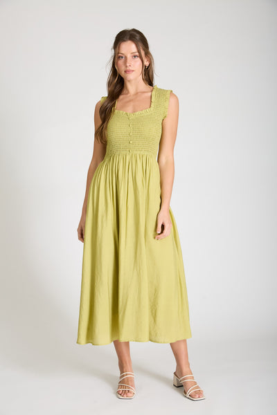 it just works smocked mock neck midi dress | kiwi
