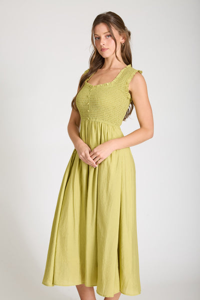 it just works smocked mock neck midi dress | kiwi