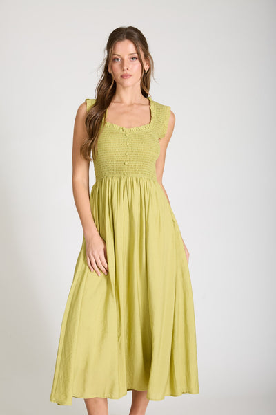 it just works smocked mock neck midi dress | kiwi