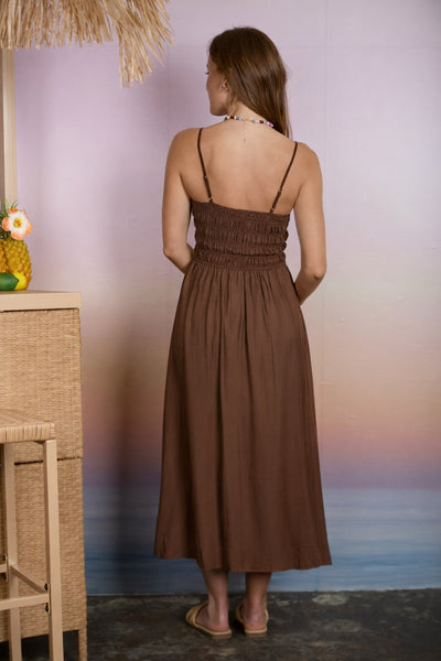 nothing to change shirred bodice midi dress | brown