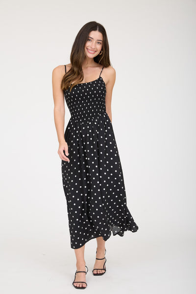lovely little thing polka dot smocked basque waist midi dress | black