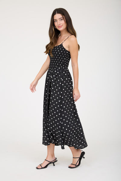 lovely little thing polka dot smocked basque waist midi dress | black