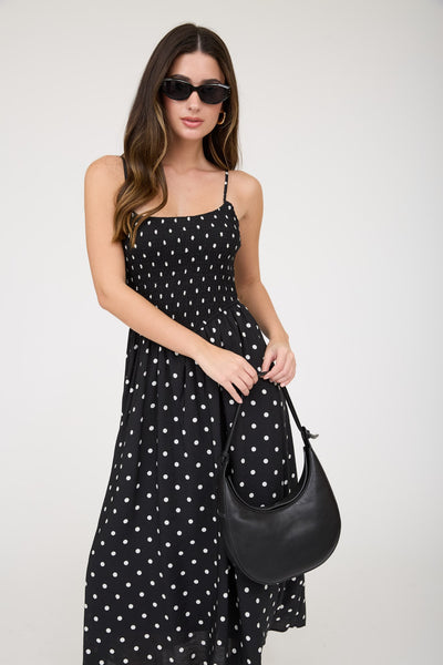 lovely little thing polka dot smocked basque waist midi dress | black
