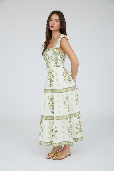 just getting good ruffle strap floral tiered midi dress | olive