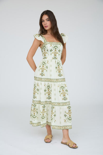 just getting good ruffle strap floral tiered midi dress | olive