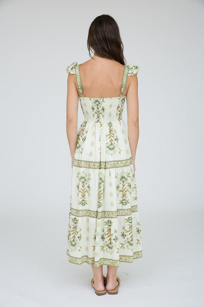 just getting good ruffle strap floral tiered midi dress | olive