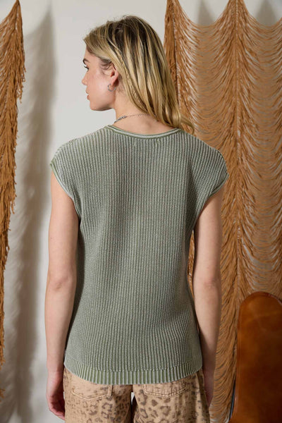 comfortably polished sleeveless henley sweater | light olive