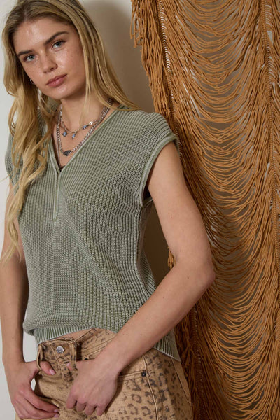 comfortably polished sleeveless henley sweater | light olive