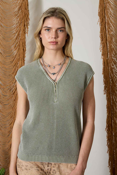 comfortably polished sleeveless henley sweater | light olive