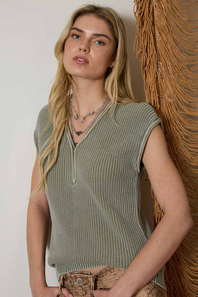 comfortably polished sleeveless henley sweater | light olive