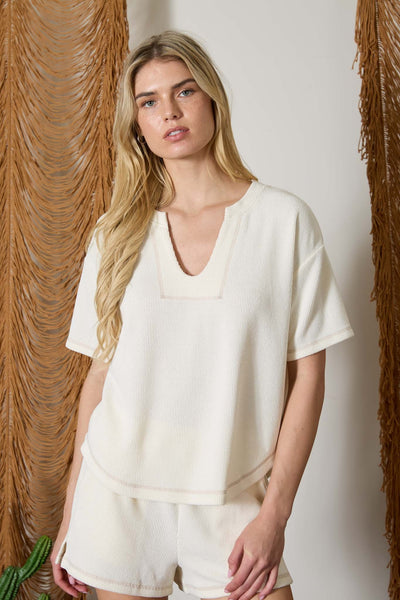grounded in good split neck terry knit top | ivory