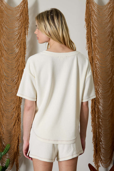 grounded in good split neck terry knit top | ivory