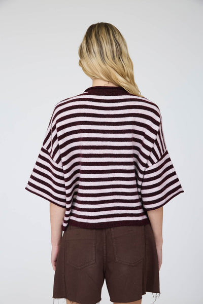 swept up in something striped short sleeve cardigan | burgundy