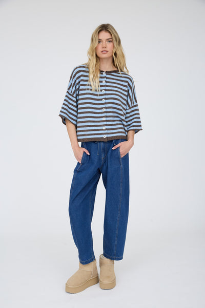 swept up in something striped short sleeve cardigan | dark brown