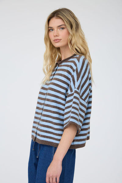 swept up in something striped short sleeve cardigan | dark brown