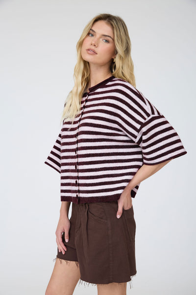 swept up in something striped short sleeve cardigan | burgundy
