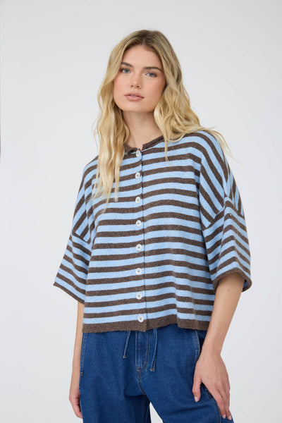swept up in something striped short sleeve cardigan | dark brown