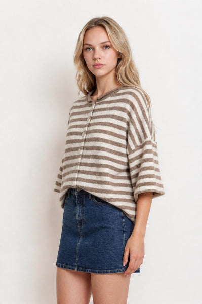 swept up in something striped short sleeve cardigan | light mocha