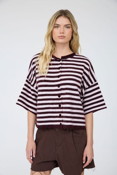 swept up in something striped short sleeve cardigan | burgundy