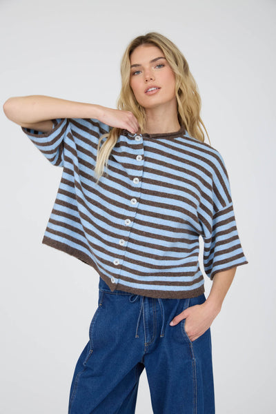 swept up in something striped short sleeve cardigan | dark brown