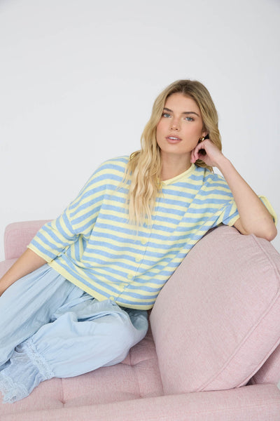swept up in something striped short sleeve cardigan | yellow