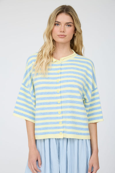swept up in something striped short sleeve cardigan | yellow