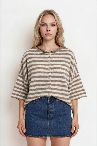 swept up in something striped short sleeve cardigan | light mocha