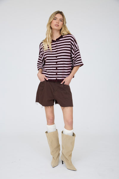 swept up in something striped short sleeve cardigan | burgundy