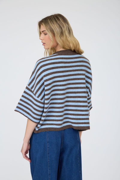 swept up in something striped short sleeve cardigan | dark brown