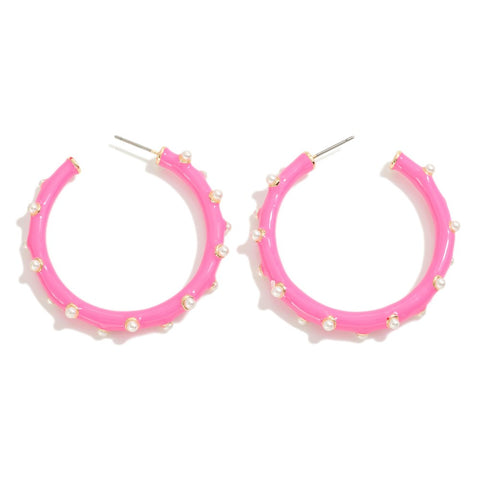 enamel drop hoops + pearls | hot pink
