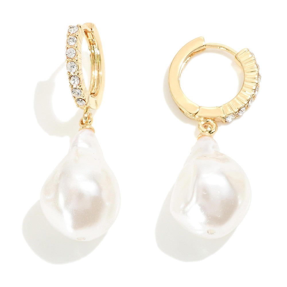rhinestone pearl drop hoops | gold