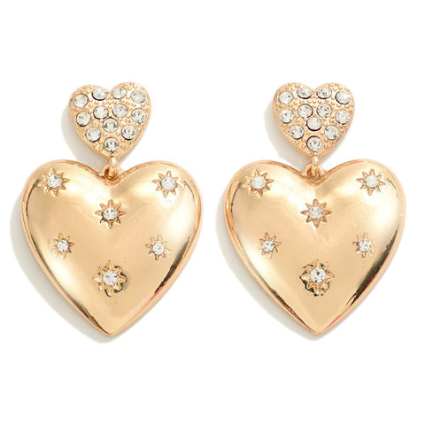 rhinestone heart drop earrings | gold