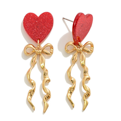 heart + metal bow earrings | red