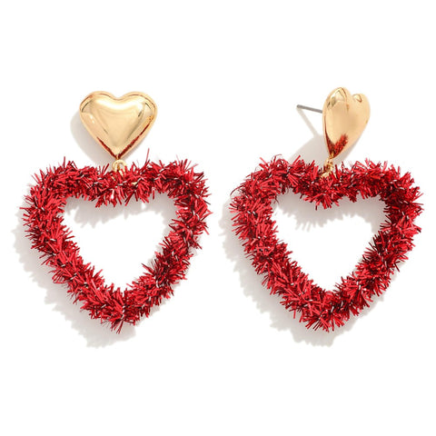 tinsel heart earrings | red