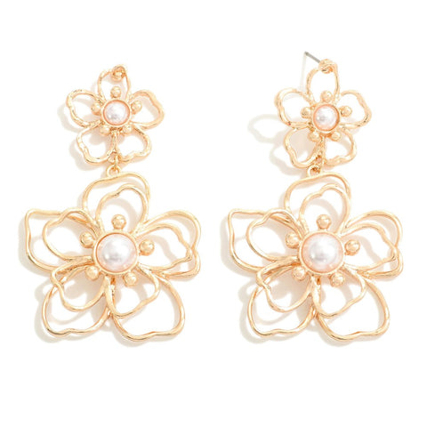 metal flower pearl drop earrings | gold