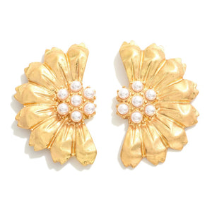 half flower pearl earrings | gold