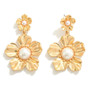 pearl flower drop earrings | gold
