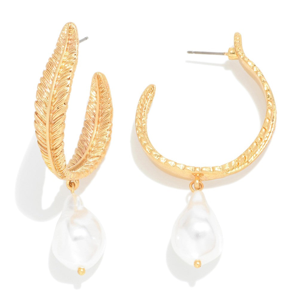 metal leaf pearl drop earrings | gold