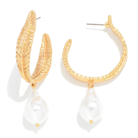 metal leaf pearl drop earrings | gold