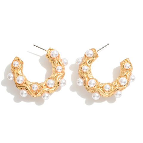 wavy pearl studded hoops | gold