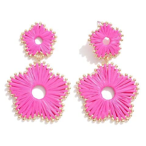 raffia floral drop earrings | fuchsia