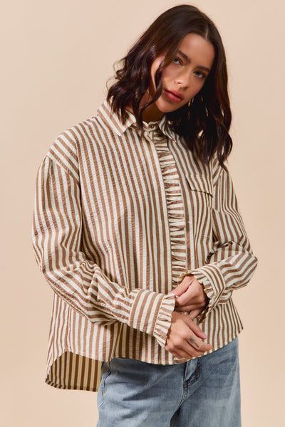 told you so striped ruffle button down top | brown