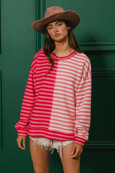 pulling heartstrings ribbed color block top | red + pink